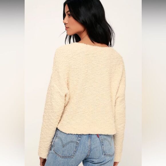 Free People Popcorn V Neck Pullover Sweater Ivory Women's Large Boho Fall Teddy - Picture 2 of 12